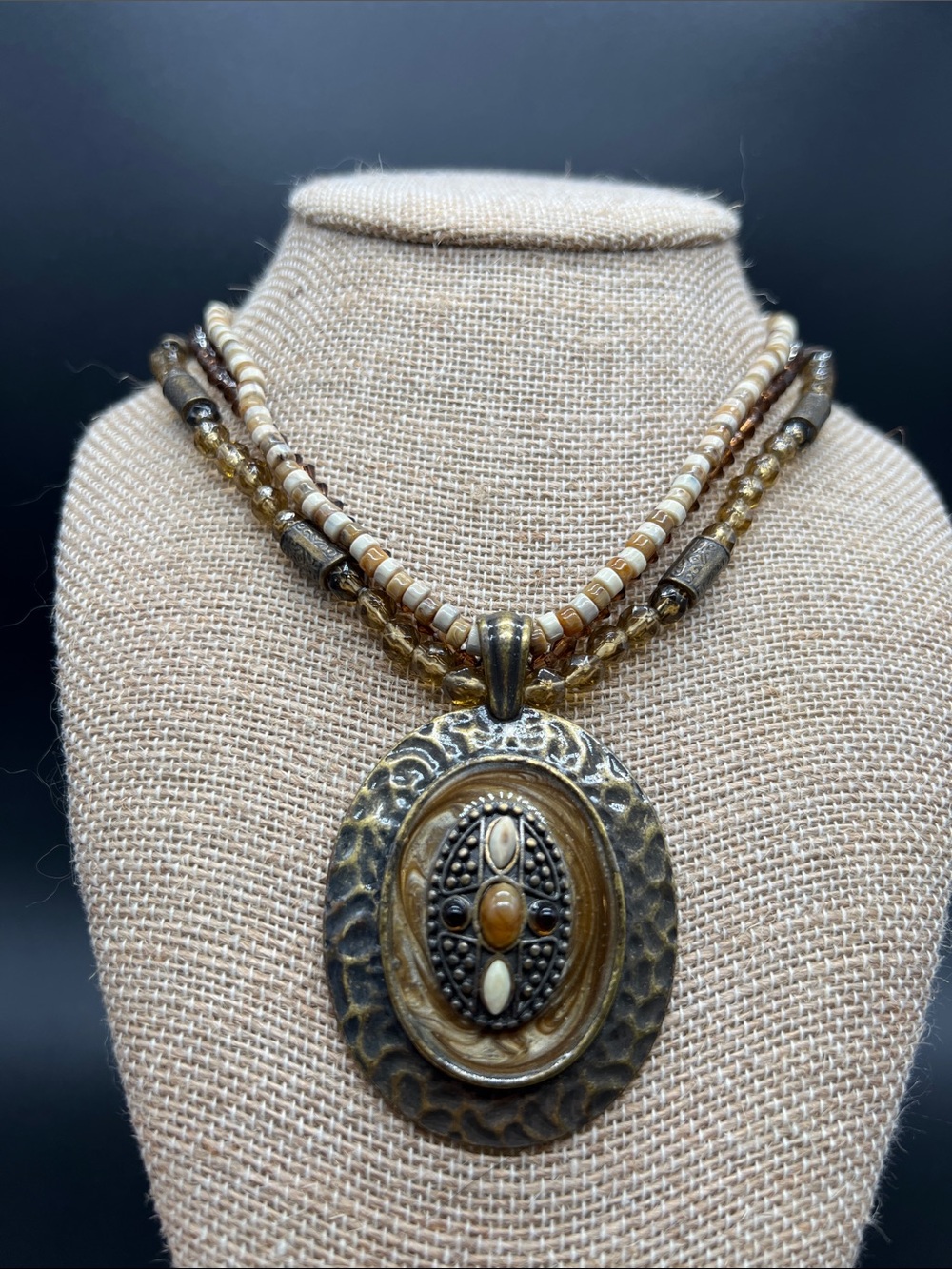 Southwestern Inspired Vintage Multi Strand Necklace Hammered Medallion Pendant
